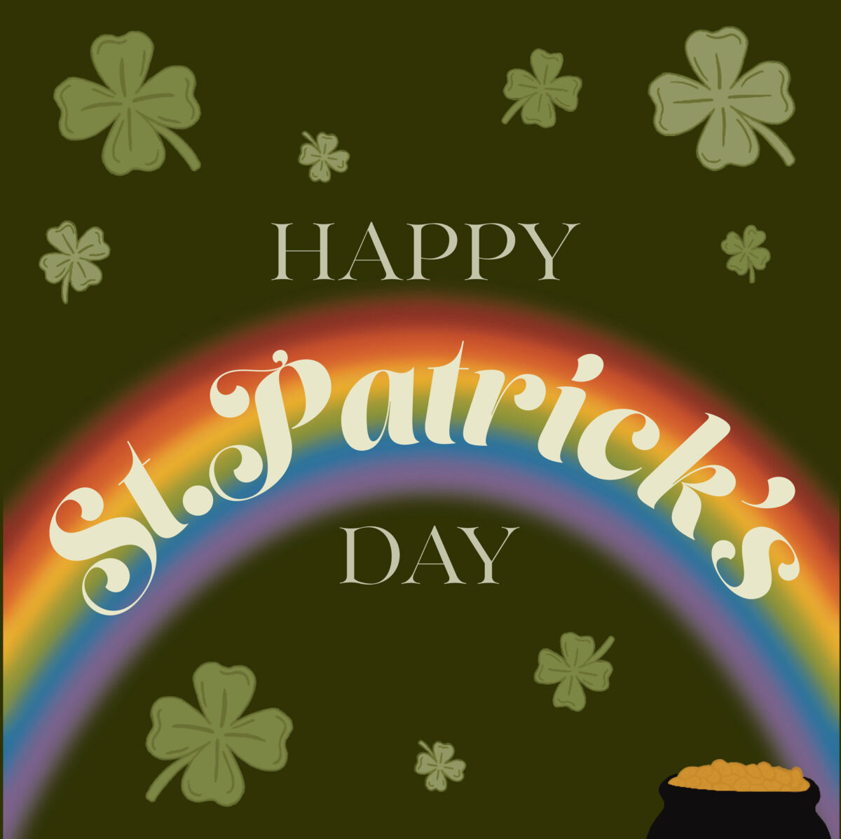 st Patrick's day illustration. dark forest green background with they text saying happy st. patricks day. st Patrick is drawn on a rainbow