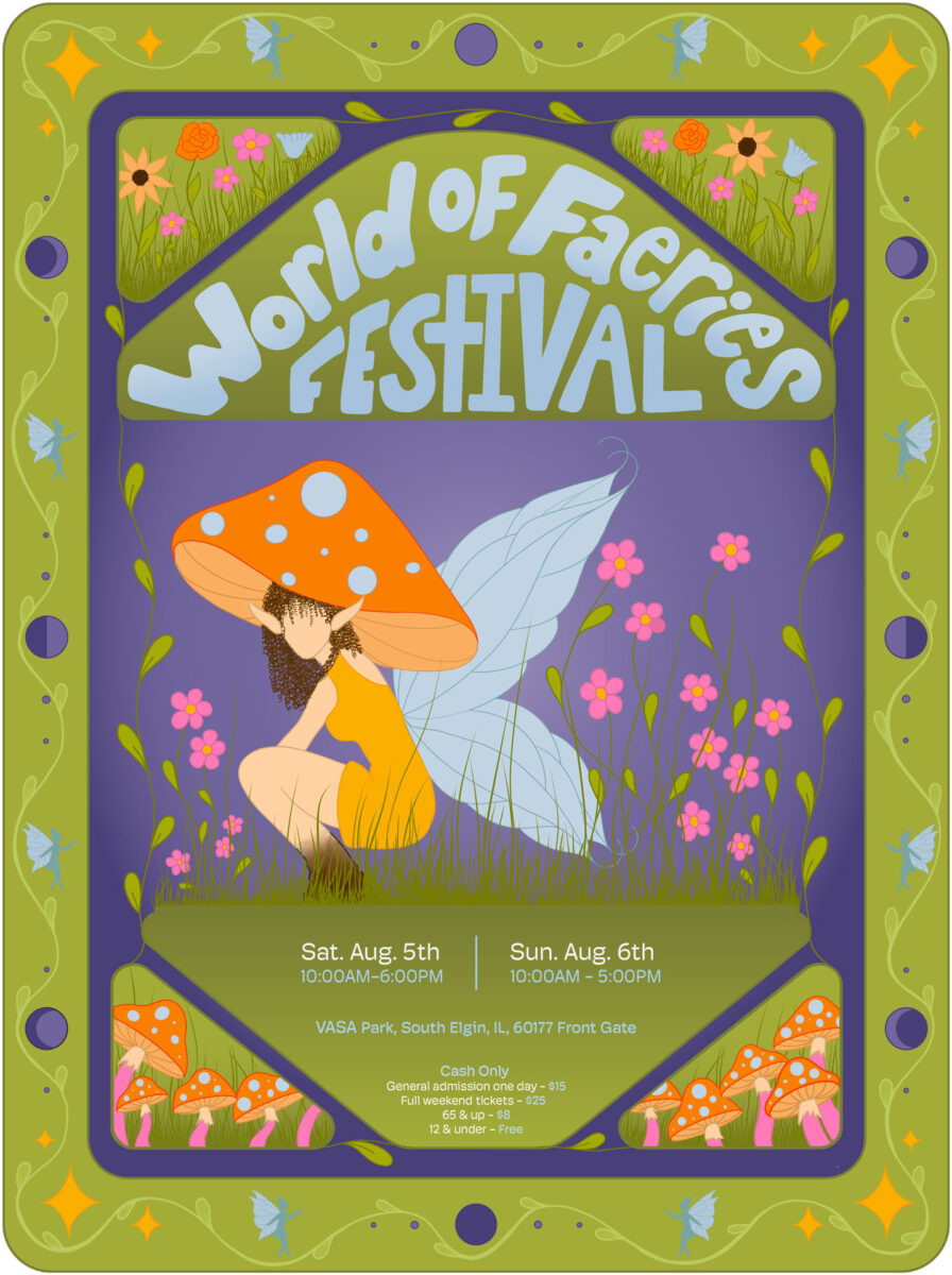 world of fearies festival poster with a purple background and a mushroom fairy girl