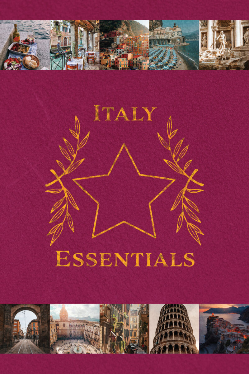 travel guide for italy cover page. the page is marroon to mimic the italian passport with the star of italy and olive branches illustrated around it. the top and bottom are bordered with photots of italy