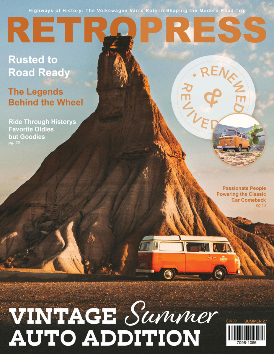 magazine cover for a fictitious company retropress with a 70s color palette and a 1970 volkswagon on the front