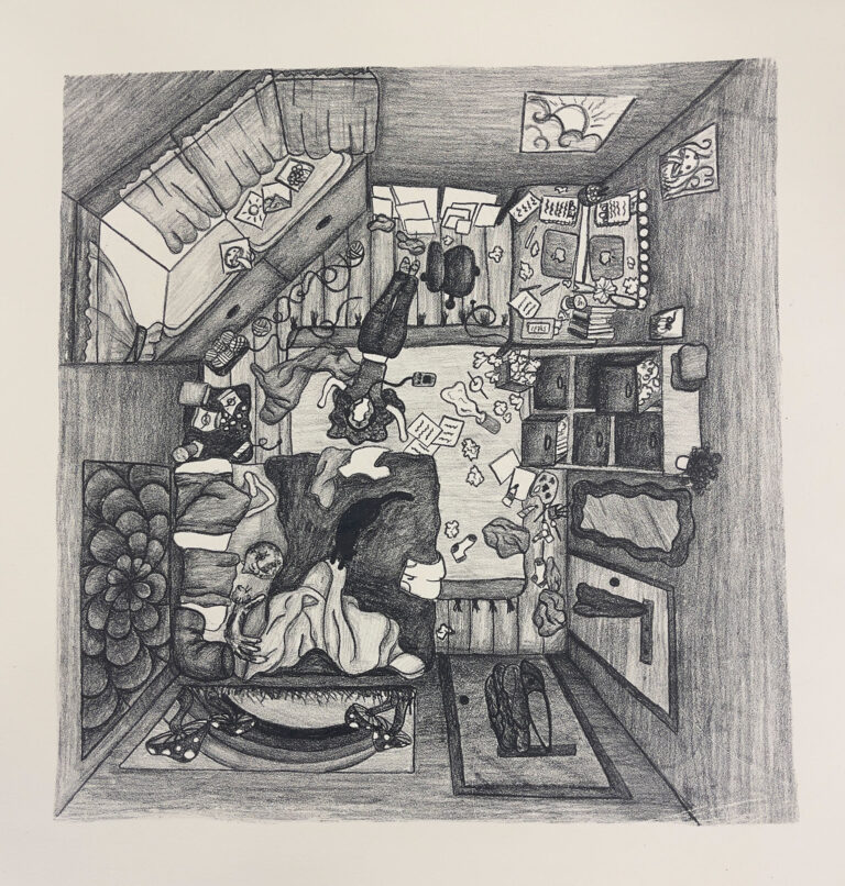 lithography printmaking project of a room from an over the head view point with a mess everywhere