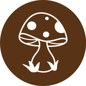 brown circle with a mushroom logo in white in it